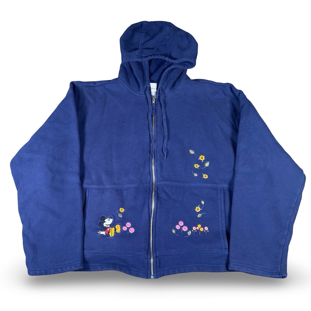 Vintage Disney Store Womens XL Mickey Mouse Floral Embroidered Full Zip Hoodie